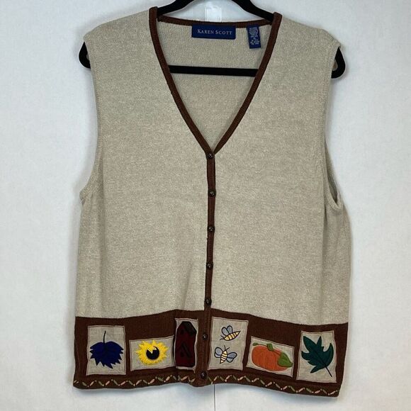Vintage Karen Scott Fall Sweater Vest Women's XL Beige Brown Embroidered EUC - Picture 1 of 13